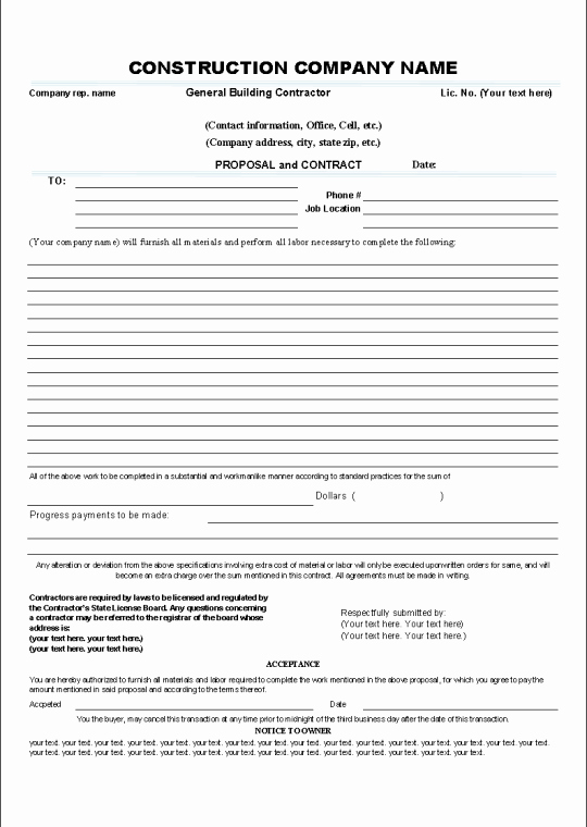 Contractor Proposal Template Pdf New Printable Sample Construction Contract Template form