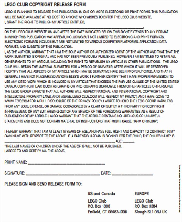 Copyright Release form Template Beautiful Sample Copyright Release form 9 Examples In Word Pdf