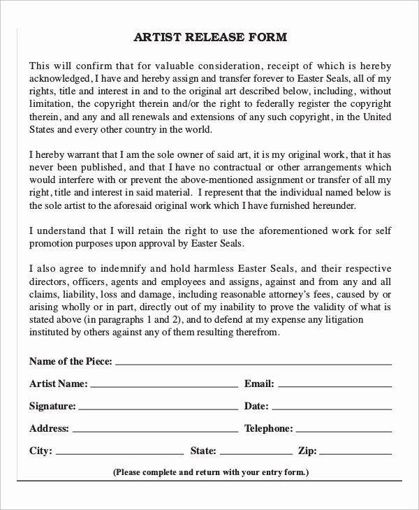 Copyright Release form Template Elegant Sample Artist Release form 9 Examples In Word Pdf