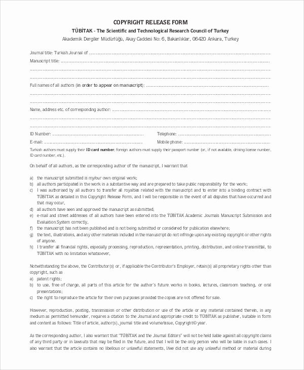 Copyright Release form Template Fresh Generic Release forms