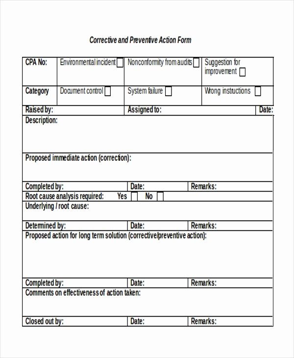 Corrective Action form Template Elegant Free 9 Sample Corrective Action forms In Pdf