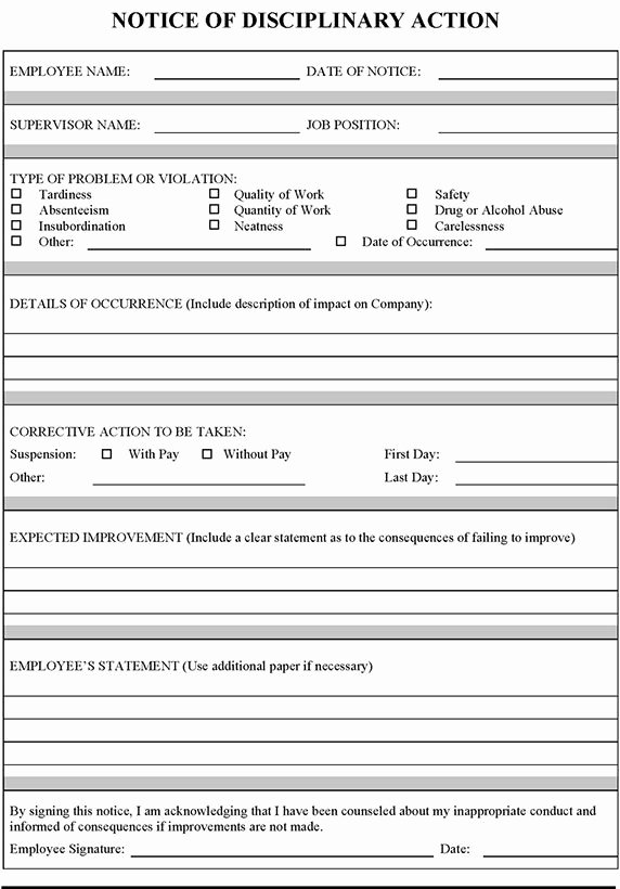 Corrective Action form Template Fresh Employee Disciplinary Action form Template