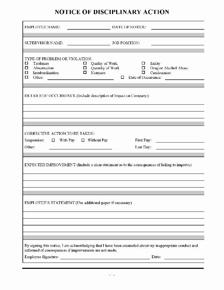 Corrective Action form Template Lovely Employee Disciplinary Action form with Checklist