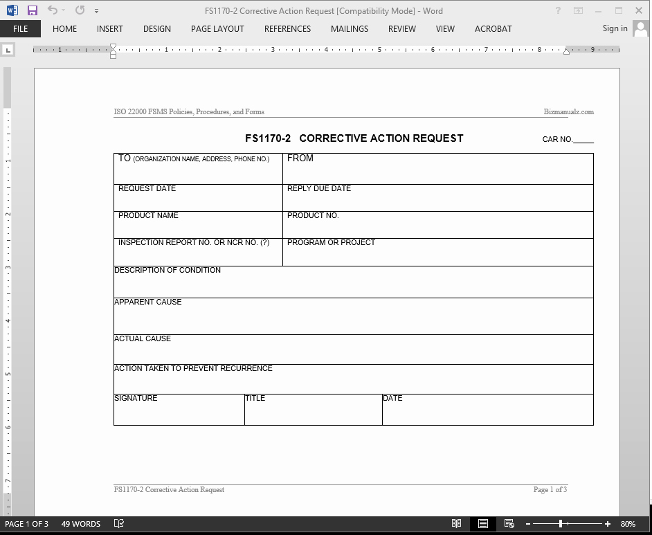 Corrective Action Plan Template Awesome Fsms Corrective Action Request Template