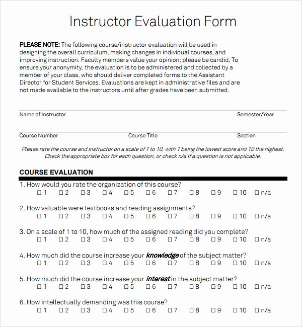 Course Evaluation Template Word Beautiful Free 7 Sample Instructor Evaluation form Templates In Pdf