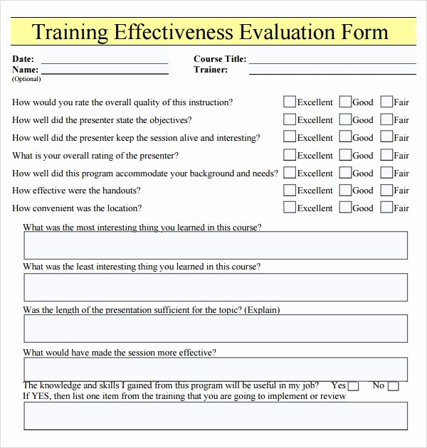 Course Evaluation Template Word Elegant Training Effectiveness Evaluation form