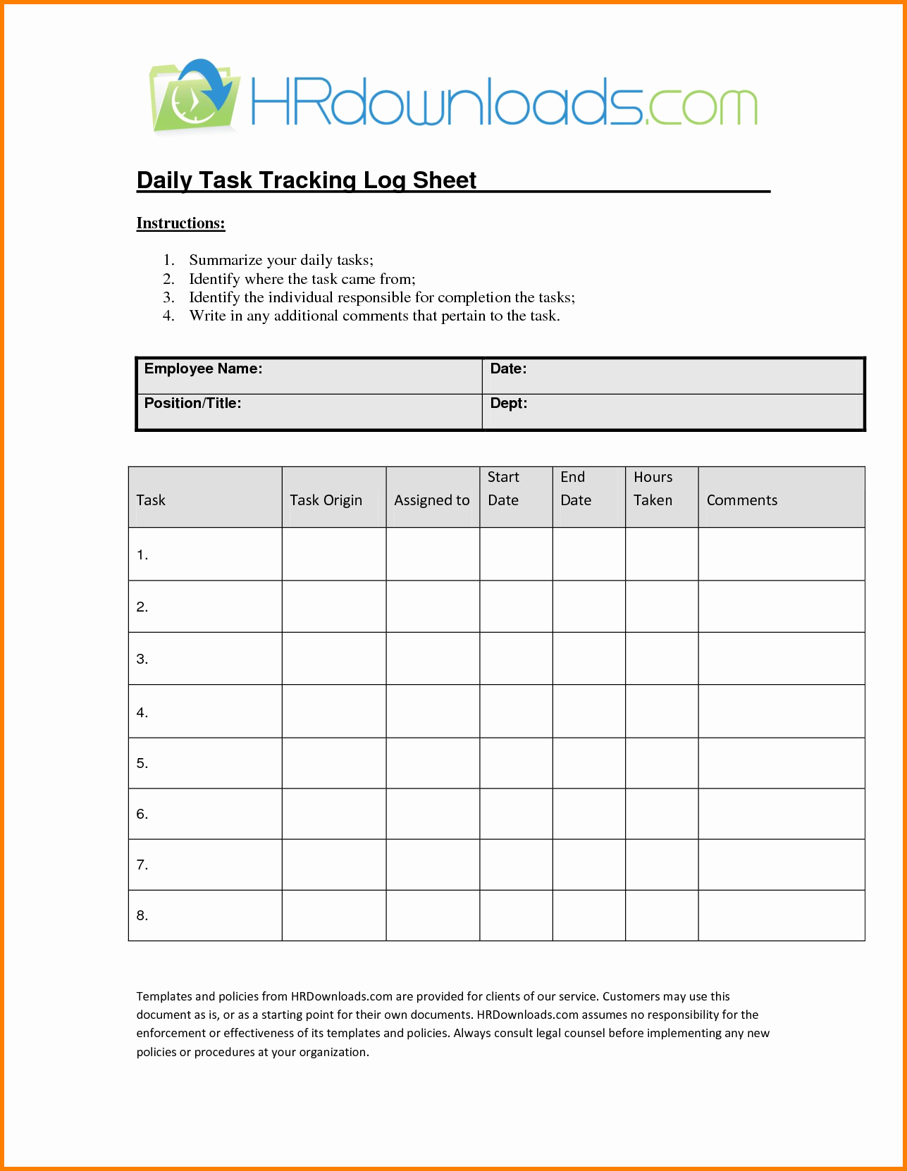 Daily Log Sheet Template Free Awesome Daily Task Sheet for Employee