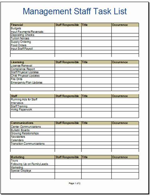 Daycare Staff Schedule Template Lovely Management Staff Task List for Child Care Directors