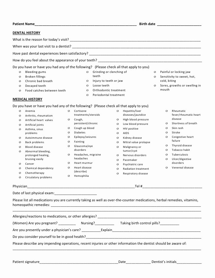 Dental Office forms Templates Beautiful Medical History form for Dental Fice