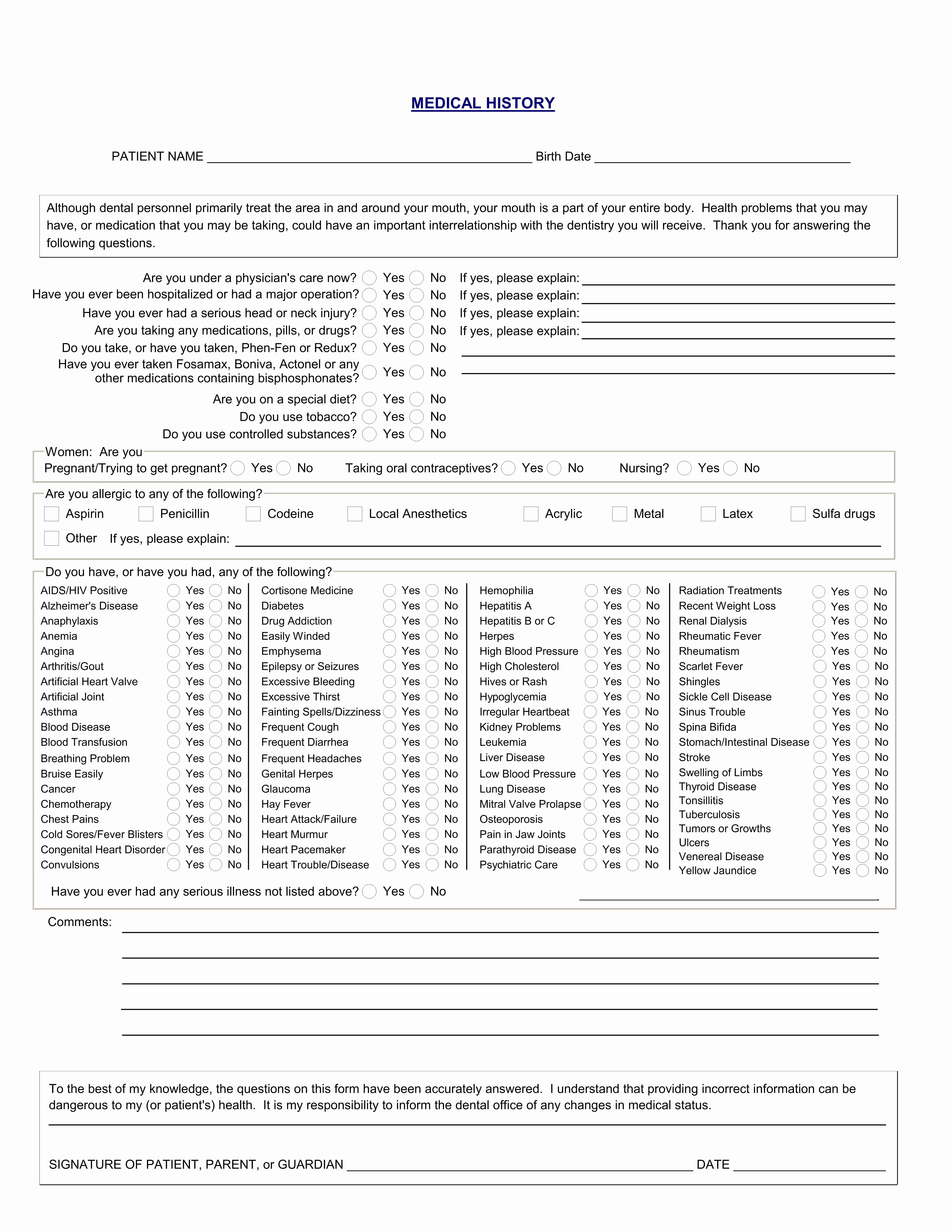 Dental Office forms Templates Lovely Medical History form for Dental Fice