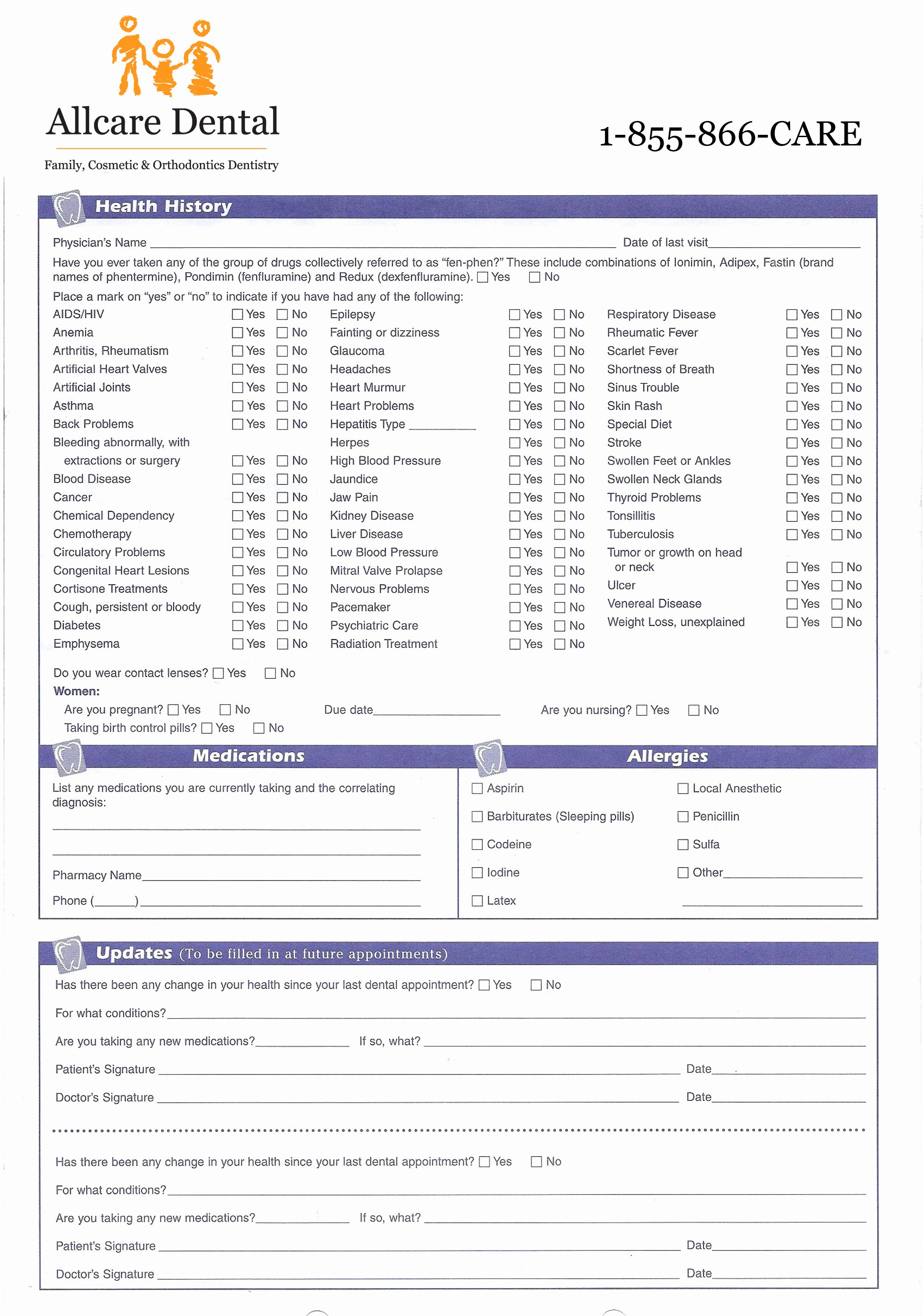 Dental Patient Registration form Template New Medical History form for Dental Fice