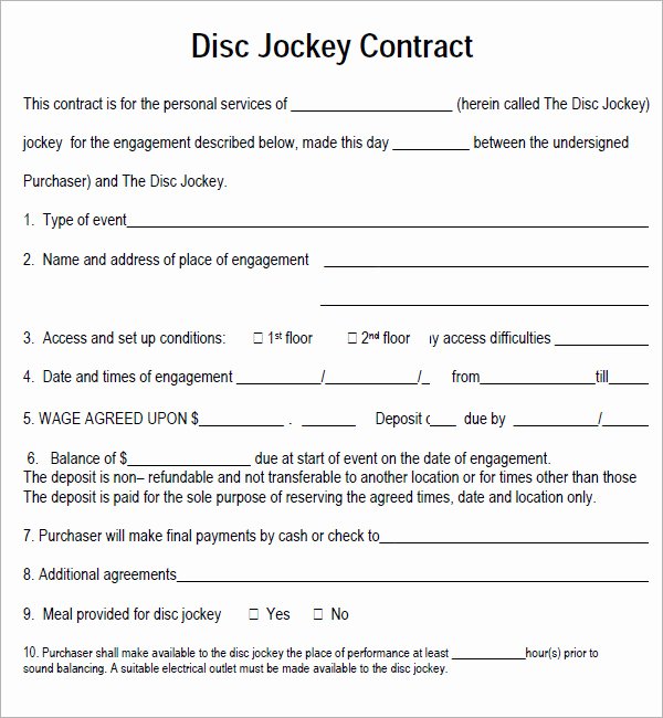 Disc Jockey Contracts Template Lovely Printable Disc Jockey Contract Template Example with