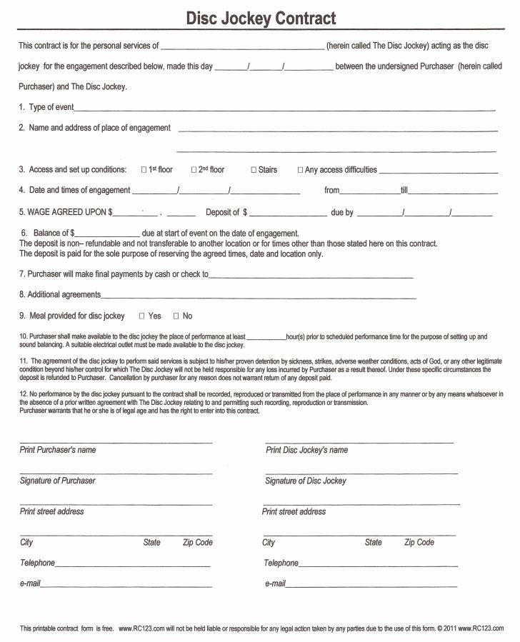 Disc Jockey Contracts Template New Free and Printable Disc Jockey Contract form Rc123