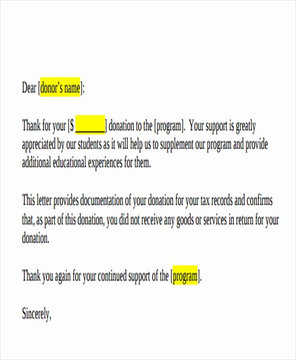 Donation Receipt Letter Template Lovely 5 Donation Acknowledgement Letter Templates Free Word