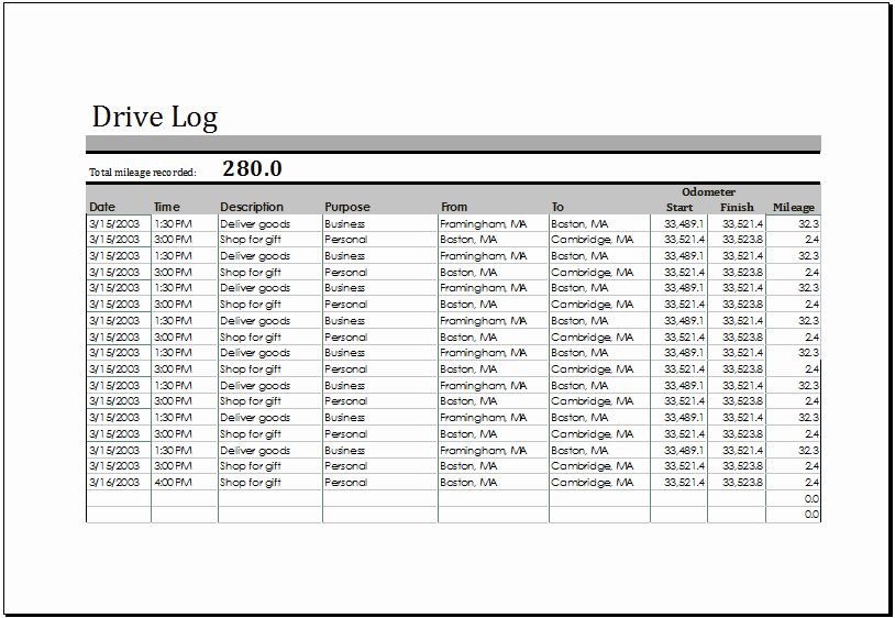 Driver Log Sheet Template Lovely Ms Excel Printable Drive Log Template