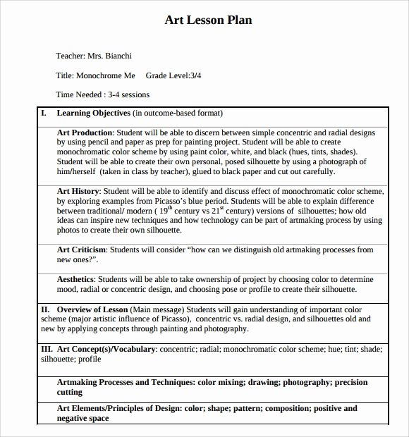 Elementary Art Lesson Plan Template Beautiful Sample Art Lesson Plans Template 7 Free Documents In Pdf