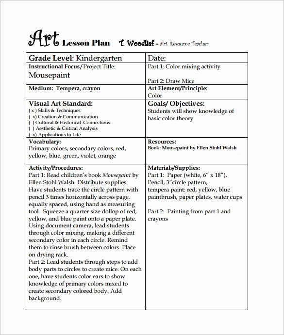 Elementary Art Lesson Plan Template Fresh Art Lesson Plan Template 10 Free Word Pdf Documents