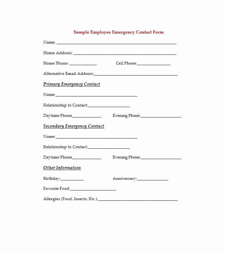 Emergency Contact form Template Awesome 54 Free Emergency Contact forms [employee Student]