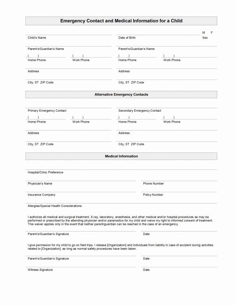 Emergency Contact form Template Best Of Child Emergency Contact and Medical Information Template