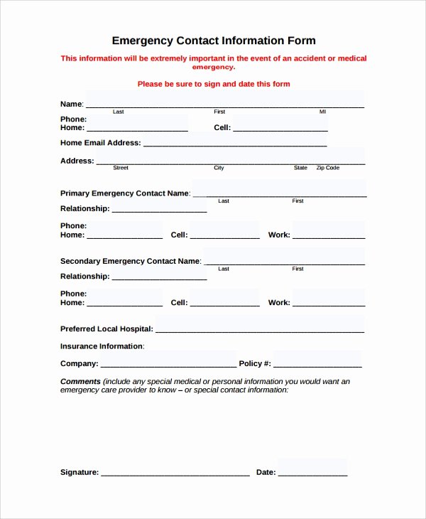 Emergency Contact form Template Fresh Sample Contact form 8 Documents In Pdf Word