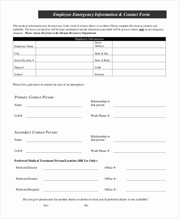 Emergency Contact form Template Lovely Sample Employee Information form 10 Examples In Pdf Word