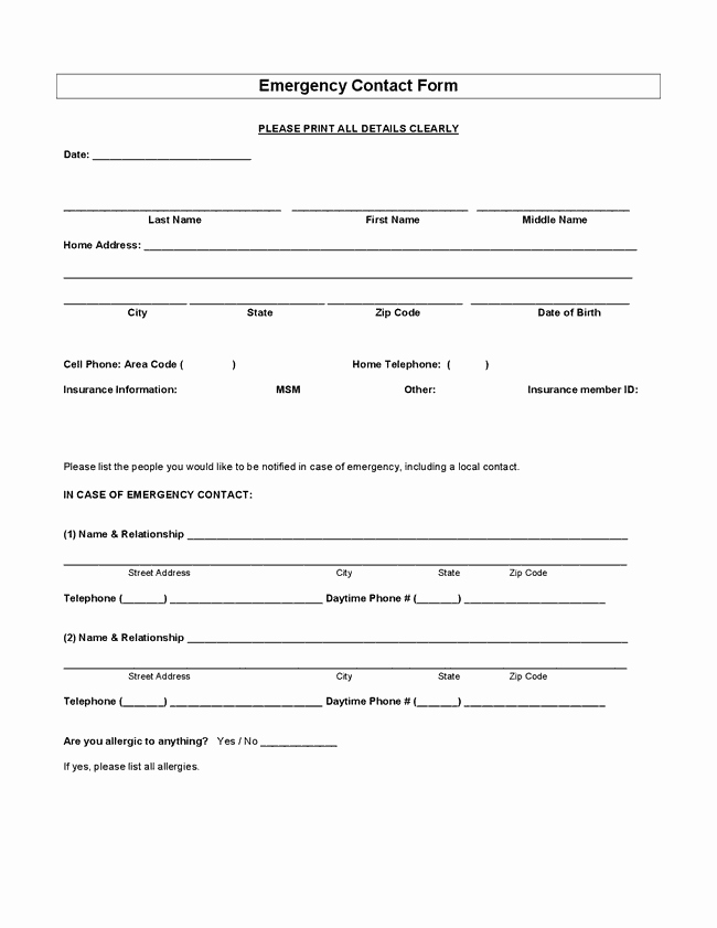 Emergency Contact form Template Luxury Employee Emergency Contact forms Word Excel Fomats
