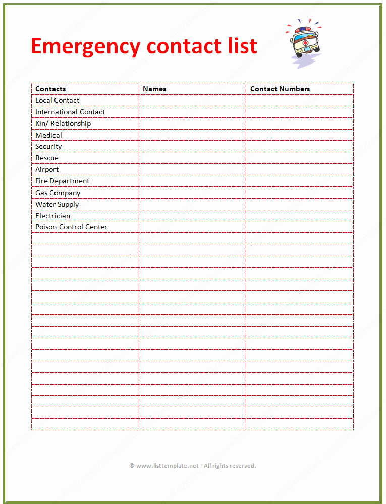 Emergency Contact form Template Word New Contact List Template for Emergency List Templates
