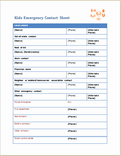 Emergency Contacts form Templates Elegant Kids Emergency Contact Sheet Editable Ms Word Template