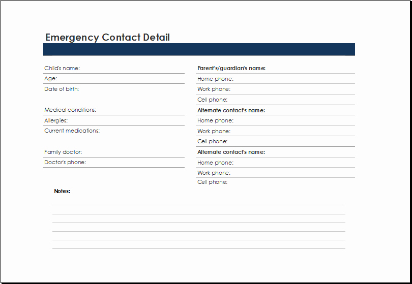 Emergency Contacts form Templates Unique Printable Excel Emergency Contact List Template