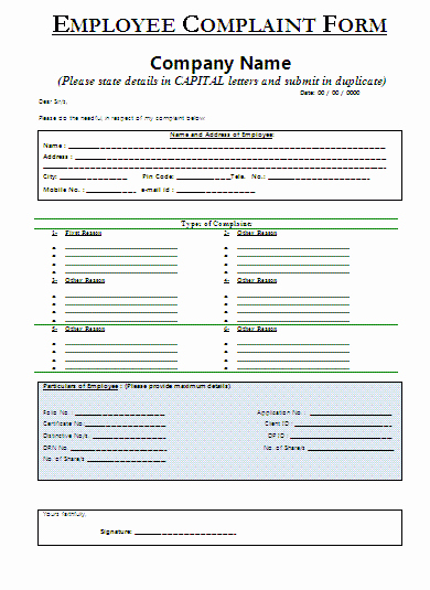 Employee Complaint form Template Beautiful Employee Plaint form