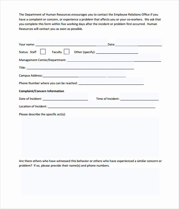 Employee Complaint form Template Fresh Sample Employee Plaint form Template 7 Download Free