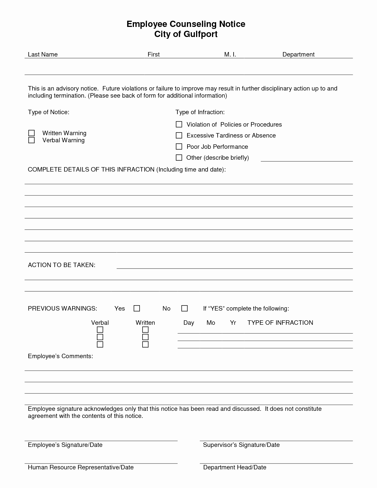 Employee Counseling form Template Inspirational Verbal Counseling form Template