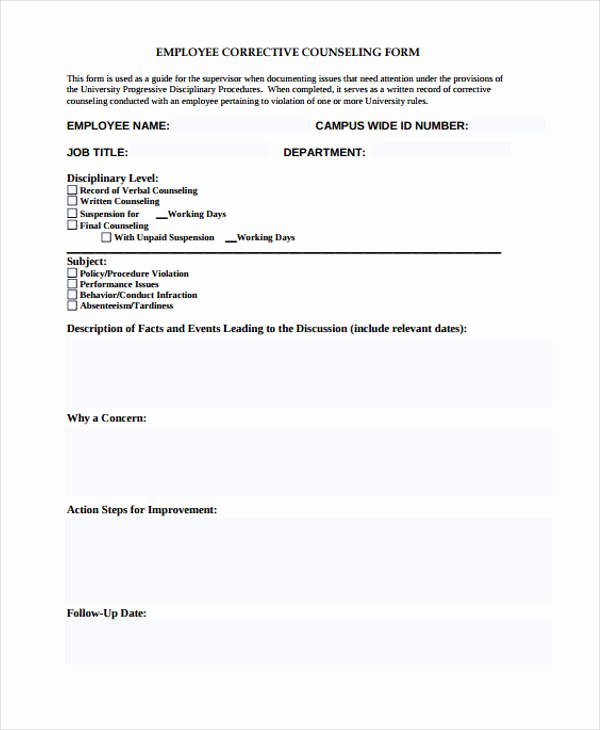 Employee Counseling form Template Lovely Employee Counseling form