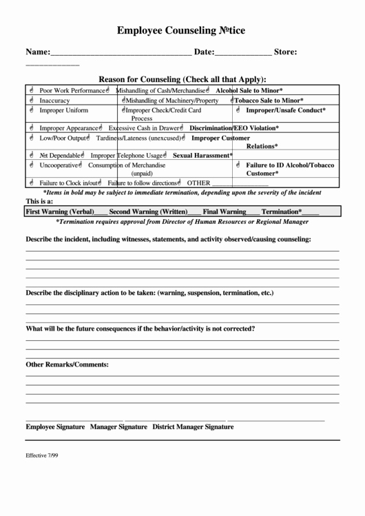 Employee Counseling form Template Luxury Employee Counseling Notice Printable Pdf