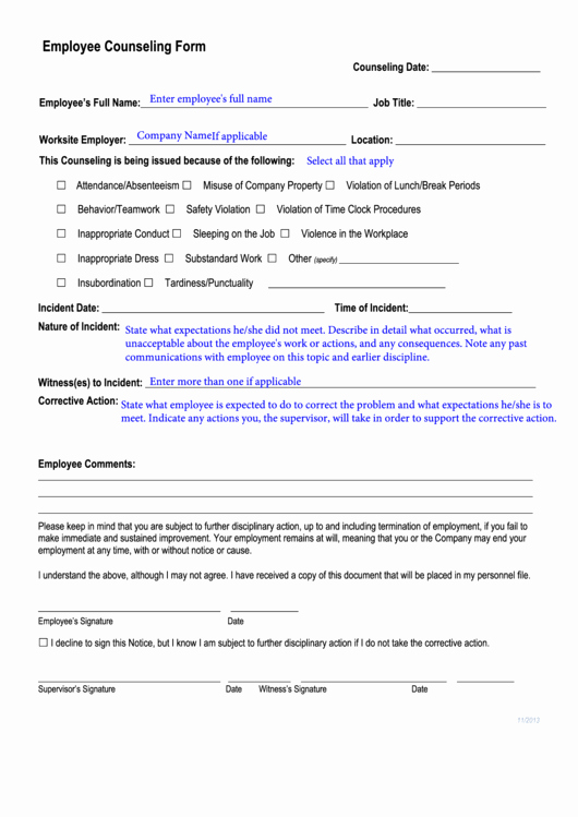 Employee Counseling form Template Luxury top 6 Employee Counseling form Templates Free to