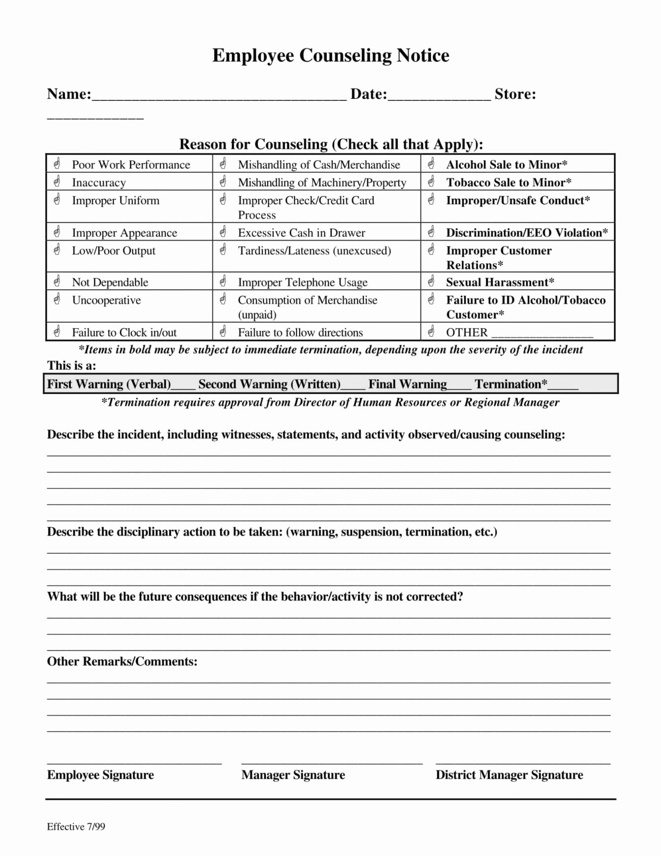 Employee Counseling form Template New Employee Counseling form