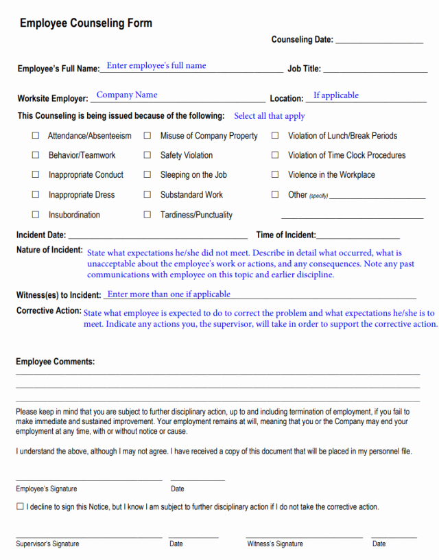 Employee Counseling form Template Unique 20 Employee Write Up form Free Download Pdf Excel