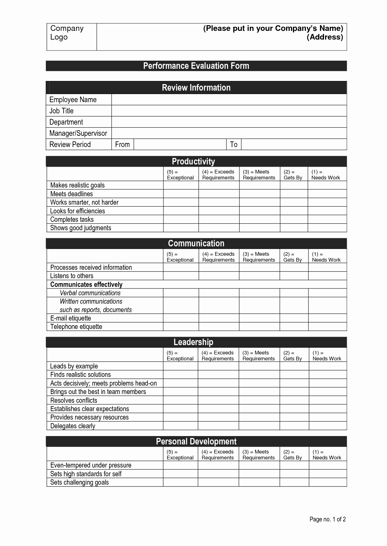 Employee Evaluation form Template Elegant Job Performance Evaluation Frompo 1