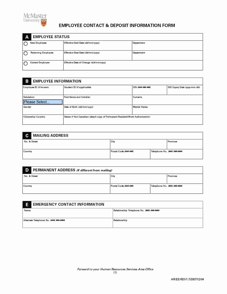 Employee Information forms Templates Fresh 47 Printable Employee Information forms Personnel