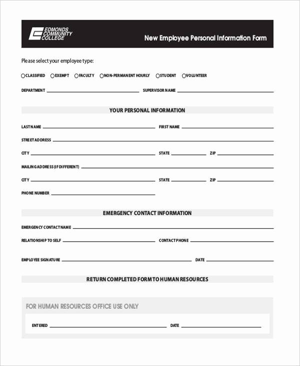 Employee Information forms Templates Inspirational Free 7 Sample Employee Personal Information forms