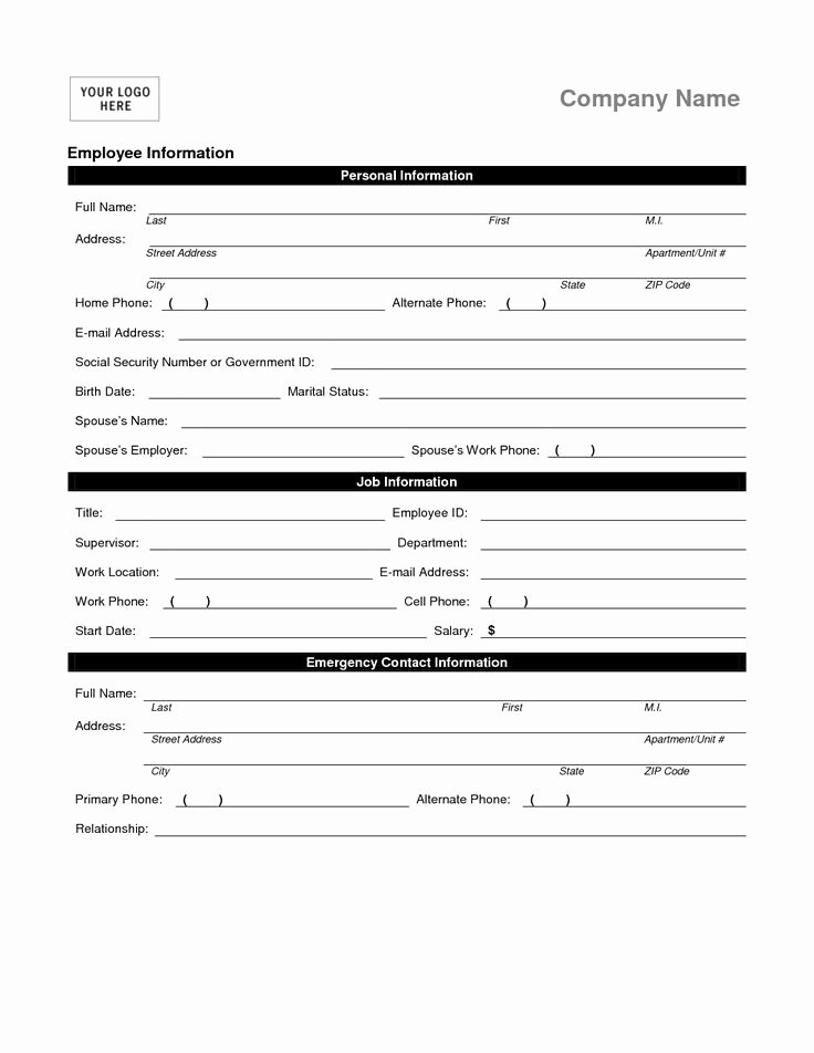 Employee Information forms Templates New Employee Personal Information form Template
