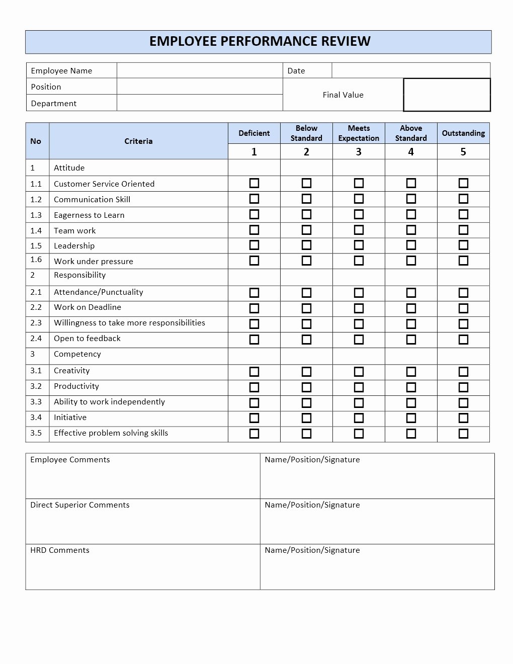 Employee Performance Review Template Inspirational Employee Performance Review form