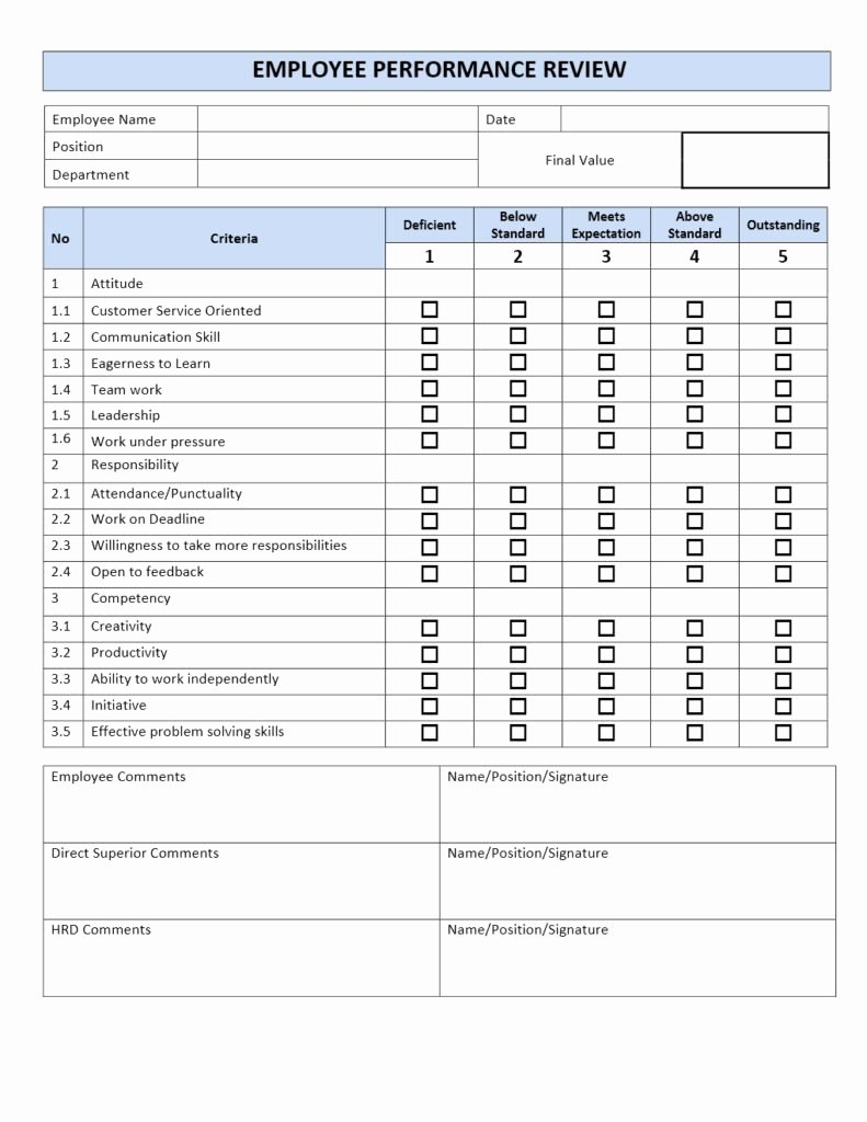Employee Performance Review Template New Employee Performance Review form