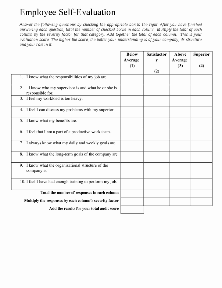 Employee Self Evaluation Template Awesome Free Employee Self Evaluation forms Printable
