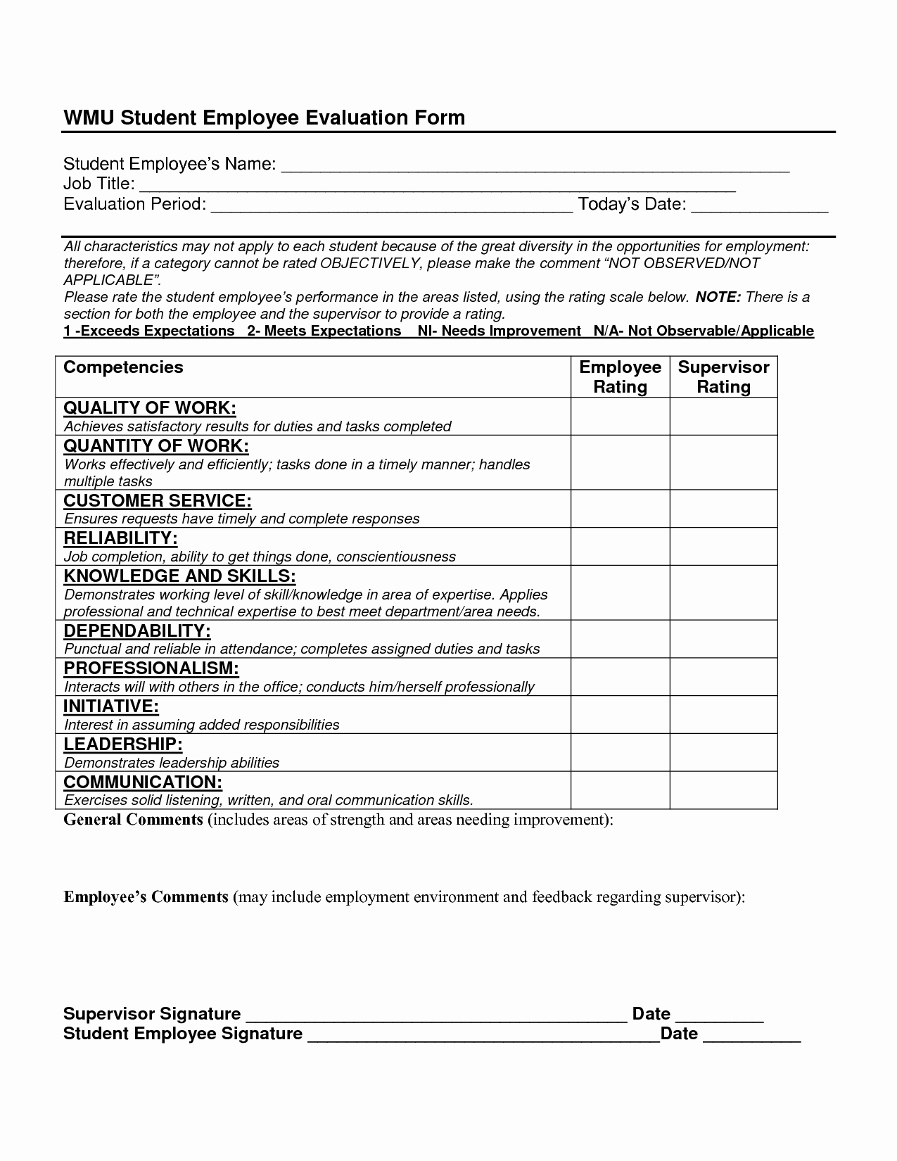 Employee Self Evaluation Template Fresh Sample Employee Evaluation forms Laser