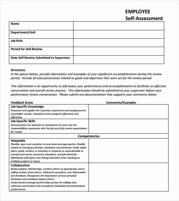 Employee Self Evaluation Template Inspirational Free 10 Self assessment Samples In Pdf