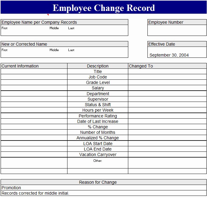 Employee Status Change form Template Luxury Employee Record Change form