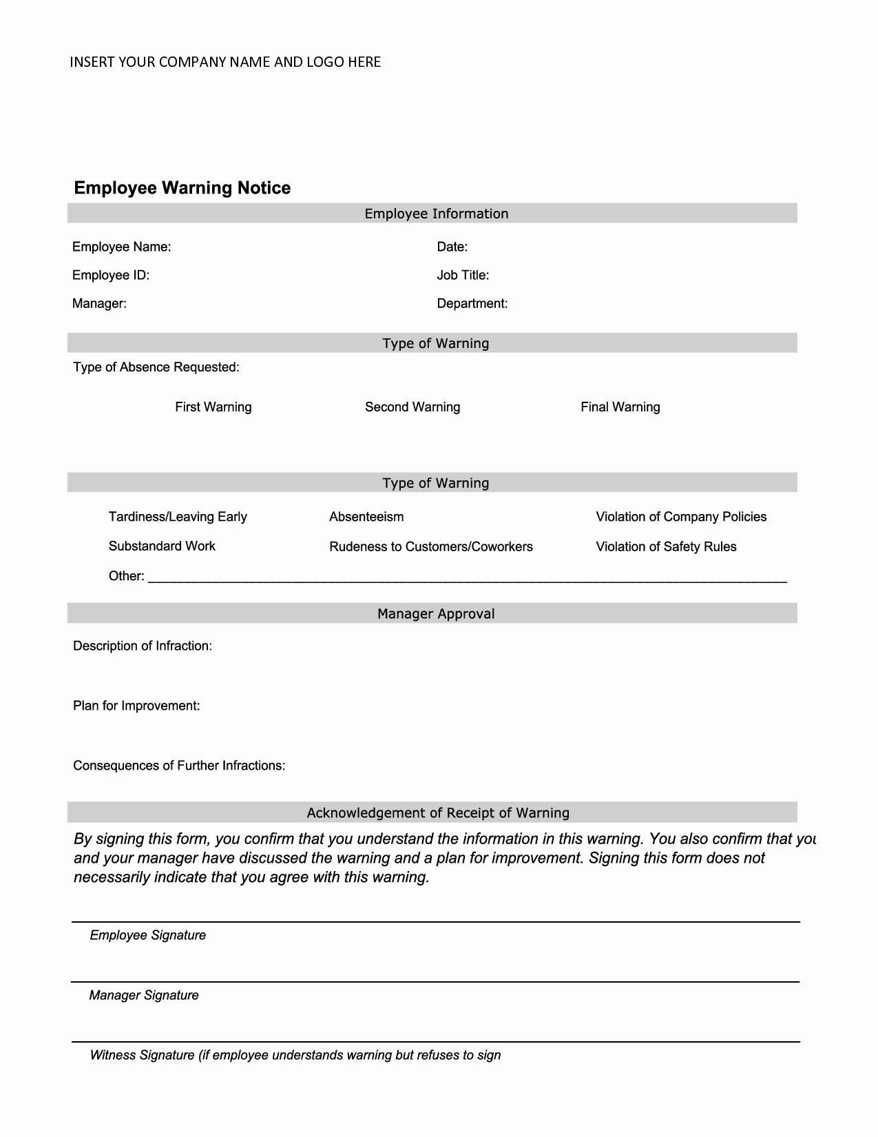Employee Written Warning Template Free Beautiful Employee Warning Notice Employee forms