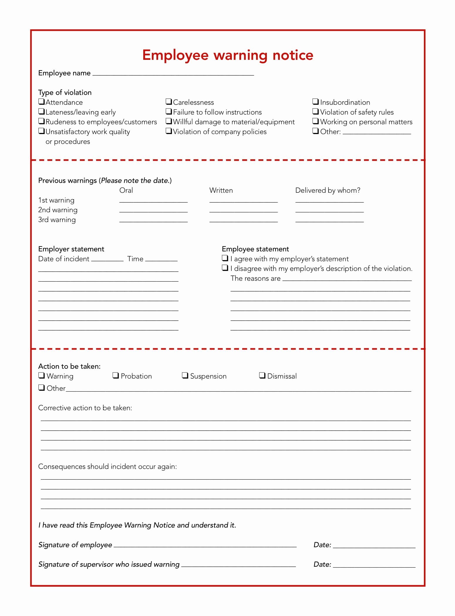 Employee Written Warning Template Unique Free 5 Restaurant Employee Write Up forms