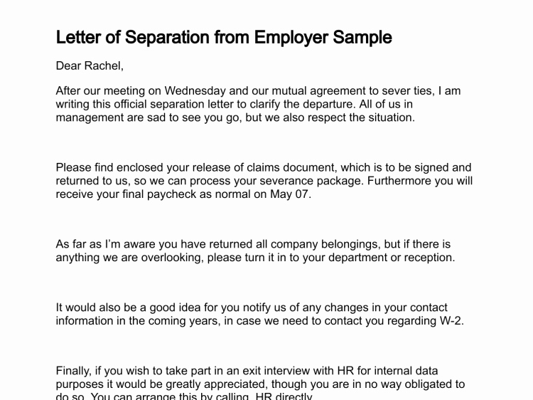 Employment Separation Agreement Template New Letter Of Separation